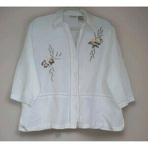 Vtg Koret Women's White Top Sz 16 XL Embroidery Ramie Button-Down Chic Travel
